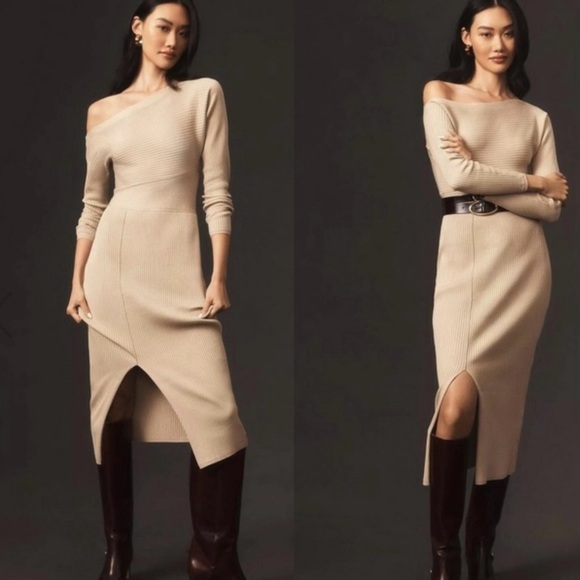 Anthropologie Dresses & Skirts - Anthropologie Petites Off-the-Shoulder Slim Knit Midi Dress Taupe Size SP